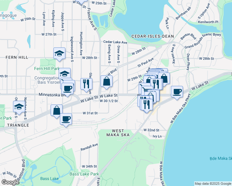 map of restaurants, bars, coffee shops, grocery stores, and more near 2923 Ewing Avenue South in Minneapolis