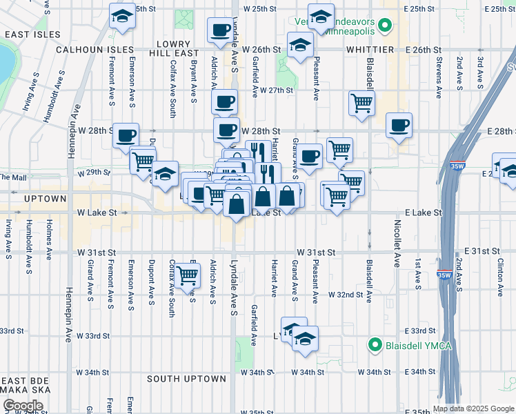 map of restaurants, bars, coffee shops, grocery stores, and more near 550 West Lake Street in Minneapolis