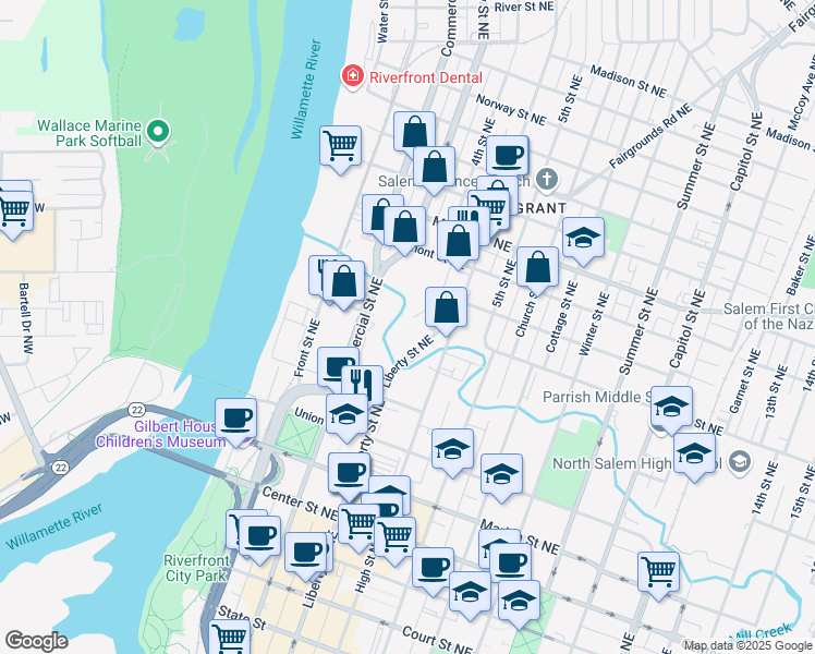 map of restaurants, bars, coffee shops, grocery stores, and more near 875 Liberty Street Northeast in Salem