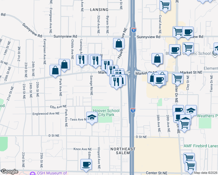 map of restaurants, bars, coffee shops, grocery stores, and more near 3304 Alberta Avenue Northeast in Salem