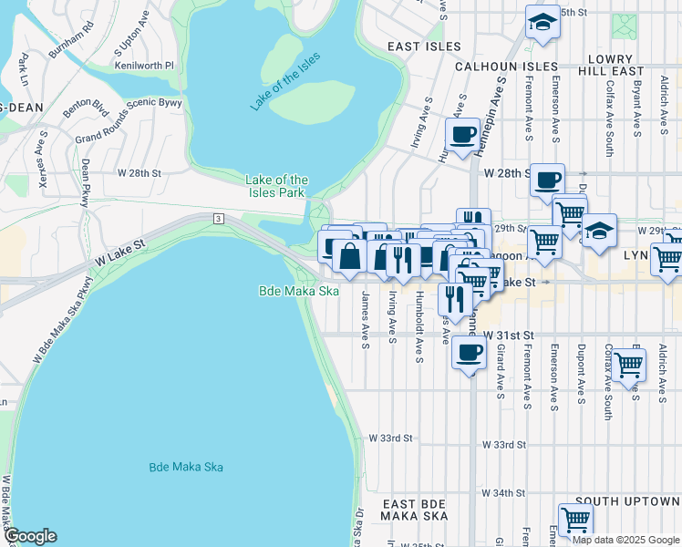 map of restaurants, bars, coffee shops, grocery stores, and more near 1800 West Lake Street in Minneapolis