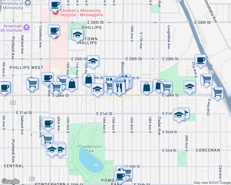 map of restaurants, bars, coffee shops, grocery stores, and more near 1500 East Lake Street in Minneapolis