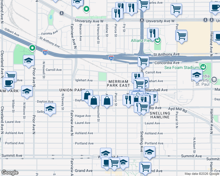 map of restaurants, bars, coffee shops, grocery stores, and more near 1650 Iglehart Avenue in Saint Paul