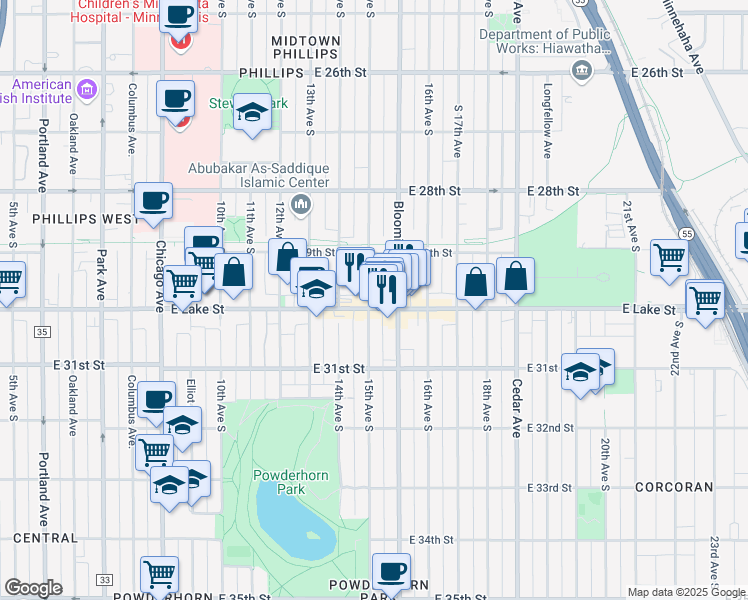 map of restaurants, bars, coffee shops, grocery stores, and more near 2933 South 15th Avenue in Minneapolis
