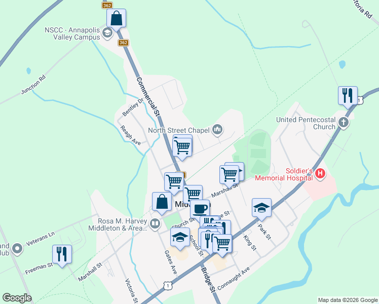 map of restaurants, bars, coffee shops, grocery stores, and more near 29 North Street in Middleton