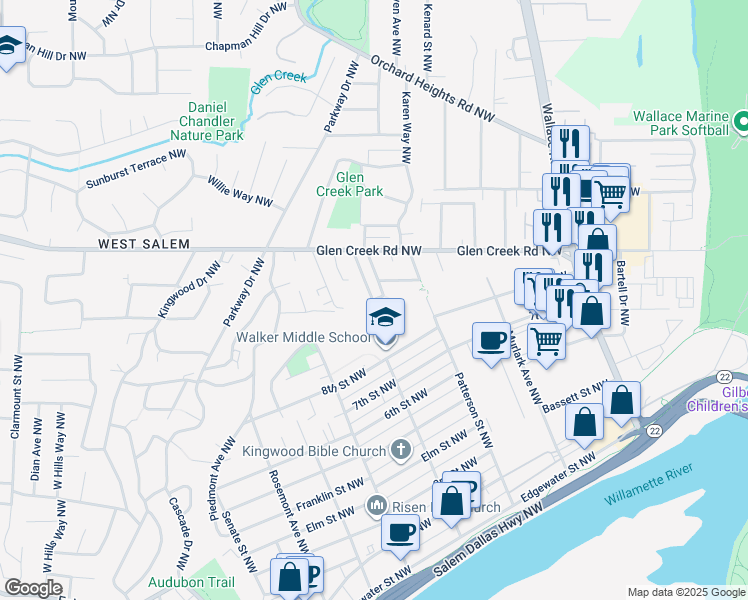 map of restaurants, bars, coffee shops, grocery stores, and more near 1135 Klarr Court Northwest in Salem