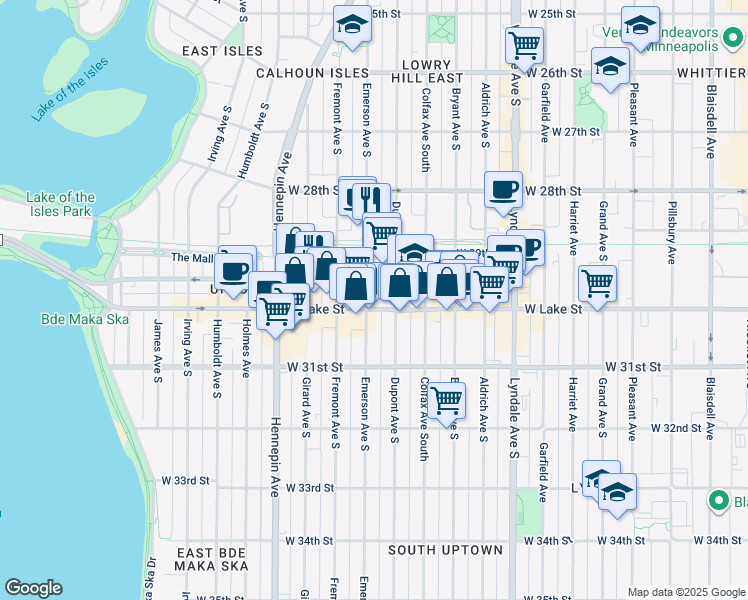 map of restaurants, bars, coffee shops, grocery stores, and more near 1125 Lagoon Avenue in Minneapolis