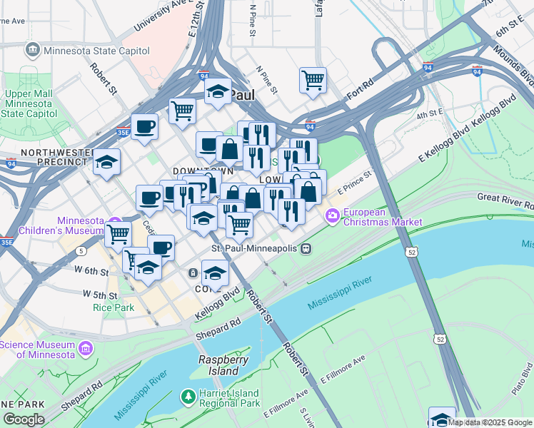 map of restaurants, bars, coffee shops, grocery stores, and more near 350 North Sibley Street in Saint Paul