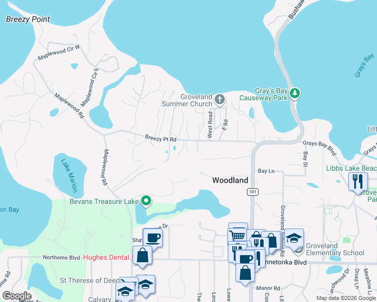 map of restaurants, bars, coffee shops, grocery stores, and more near 17875 Breezy Point Road in Wayzata