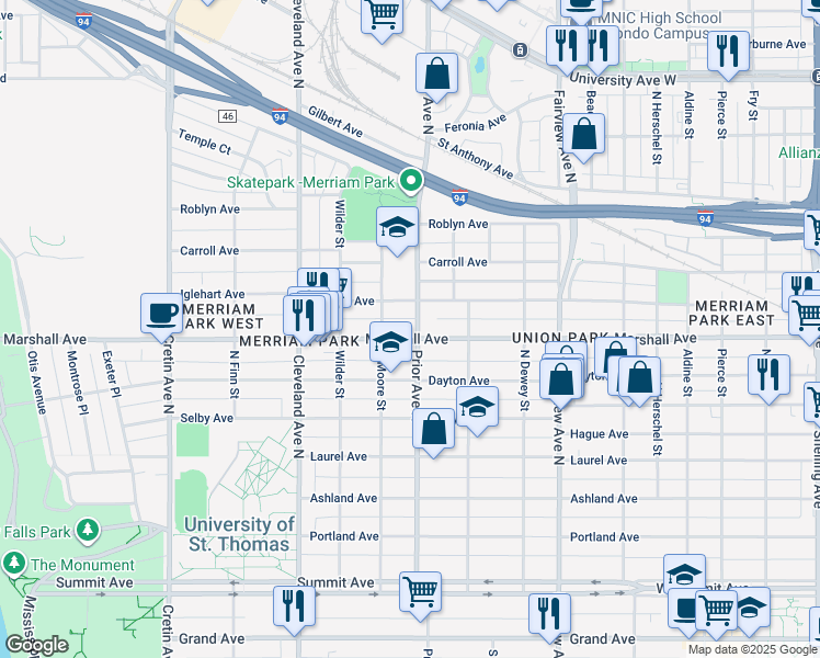 map of restaurants, bars, coffee shops, grocery stores, and more near 1955 Marshall Avenue in Saint Paul