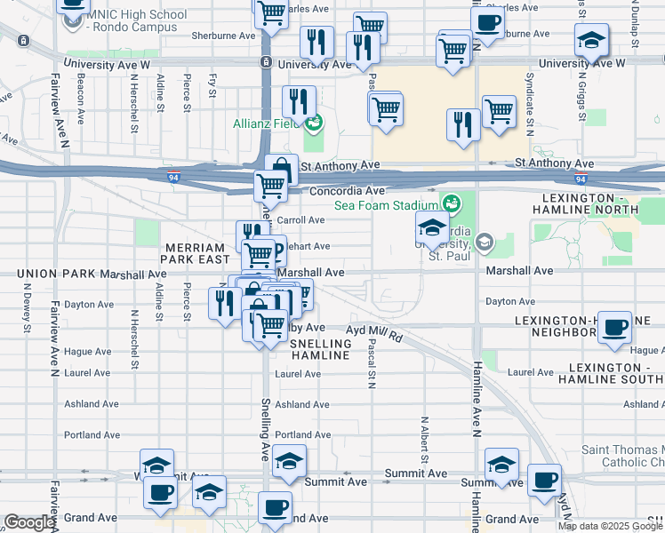map of restaurants, bars, coffee shops, grocery stores, and more near 1509 Marshall Avenue in Saint Paul