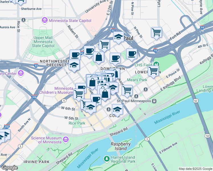 map of restaurants, bars, coffee shops, grocery stores, and more near 401 Robert Street North in Saint Paul