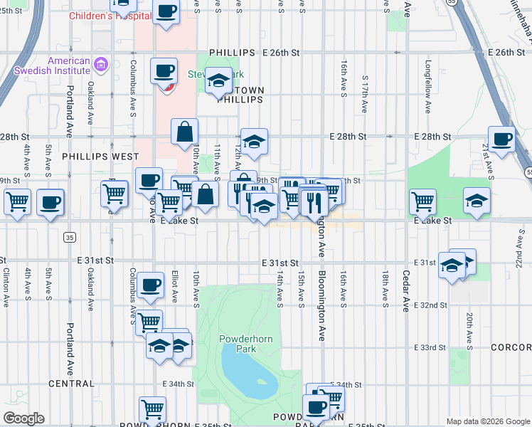 map of restaurants, bars, coffee shops, grocery stores, and more near 1304 East Lake Street in Minneapolis