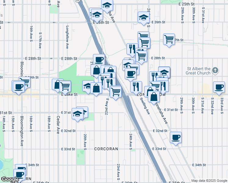 map of restaurants, bars, coffee shops, grocery stores, and more near in Minneapolis