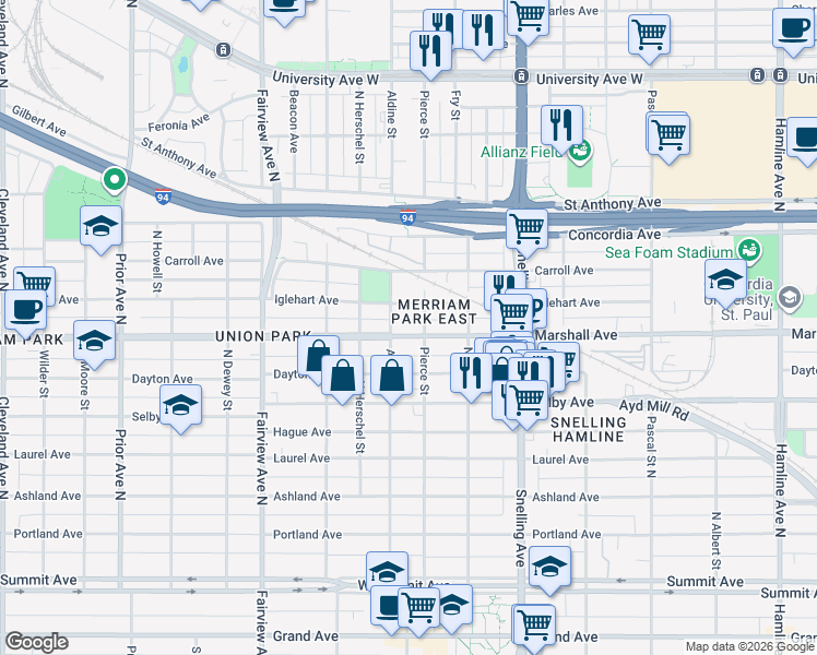 map of restaurants, bars, coffee shops, grocery stores, and more near 1650 Iglehart Avenue in Saint Paul