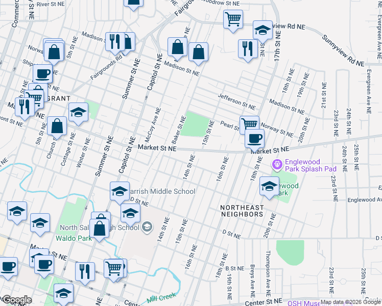 map of restaurants, bars, coffee shops, grocery stores, and more near 1295 14th Street Northeast in Salem