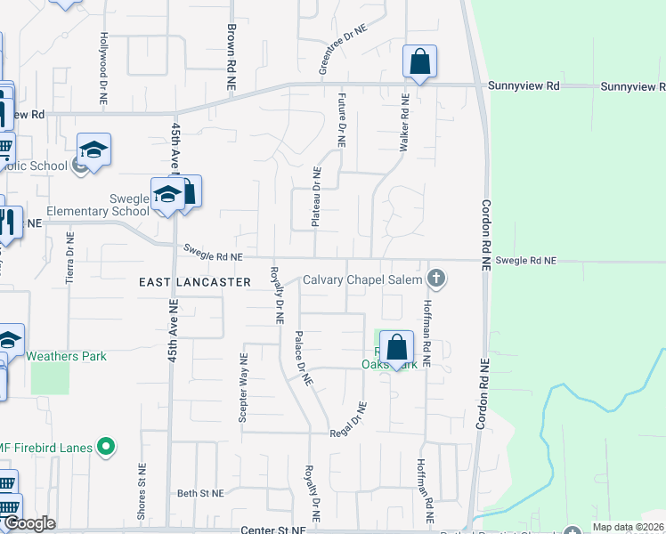 map of restaurants, bars, coffee shops, grocery stores, and more near 4785 Swegle Road Northeast in Salem