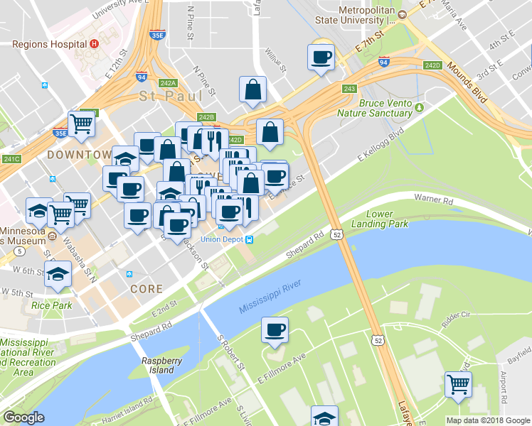map of restaurants, bars, coffee shops, grocery stores, and more near 340 North Broadway Street in Saint Paul