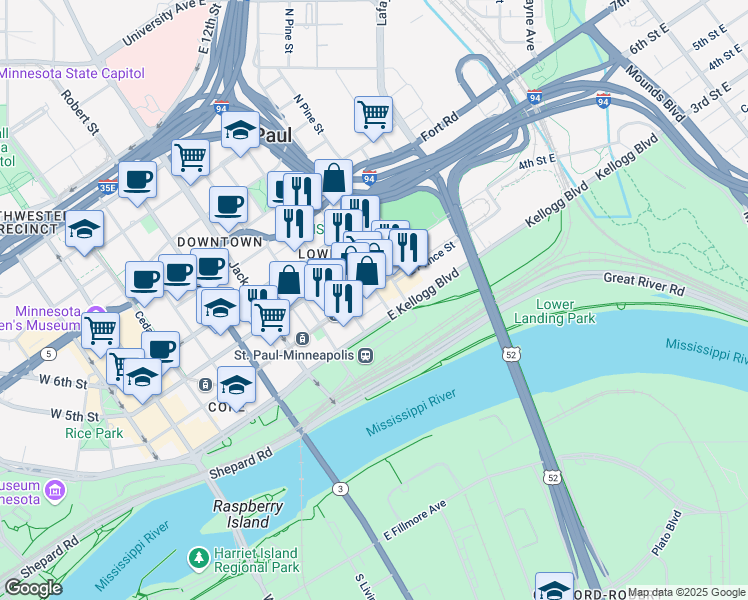 map of restaurants, bars, coffee shops, grocery stores, and more near 244 4th Street East in Saint Paul