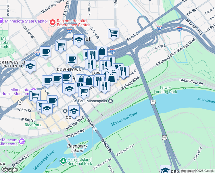 map of restaurants, bars, coffee shops, grocery stores, and more near 244 4th Street East in Saint Paul
