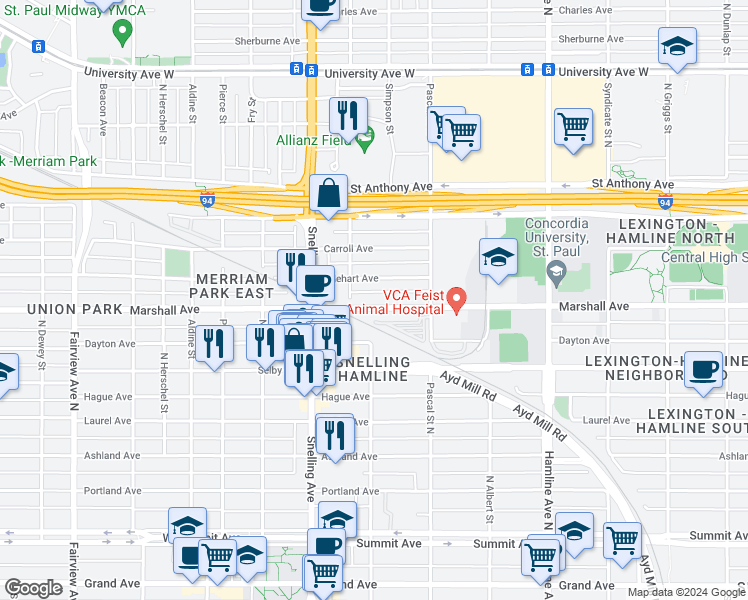 map of restaurants, bars, coffee shops, grocery stores, and more near 1536 Iglehart Avenue in Saint Paul