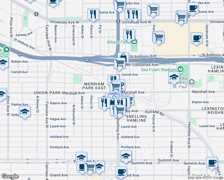 map of restaurants, bars, coffee shops, grocery stores, and more near 1605 Marshall Avenue in Saint Paul