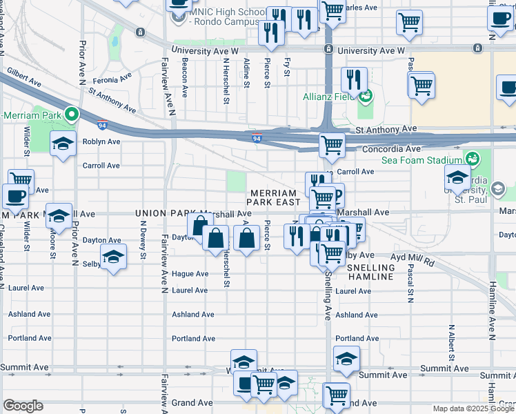 map of restaurants, bars, coffee shops, grocery stores, and more near 1650 Iglehart Avenue in Saint Paul