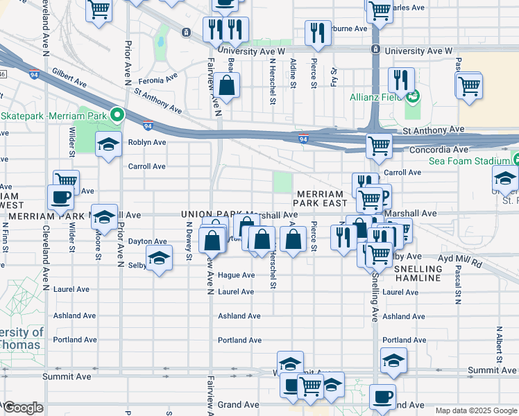 map of restaurants, bars, coffee shops, grocery stores, and more near 1740 Iglehart Avenue in Saint Paul