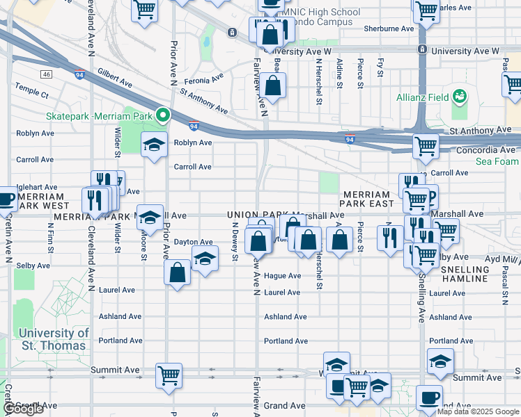 map of restaurants, bars, coffee shops, grocery stores, and more near in Saint Paul