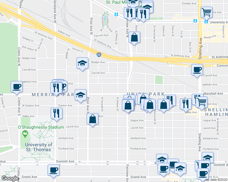 map of restaurants, bars, coffee shops, grocery stores, and more near 1844 Iglehart Avenue in Saint Paul