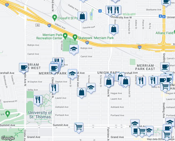 map of restaurants, bars, coffee shops, grocery stores, and more near 1924 Iglehart Avenue in Saint Paul