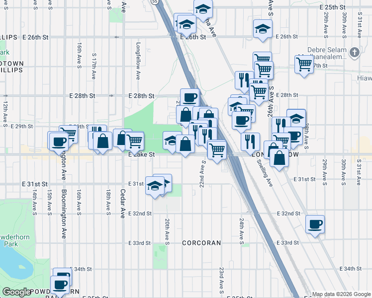 map of restaurants, bars, coffee shops, grocery stores, and more near 2921 21st Avenue South in Minneapolis