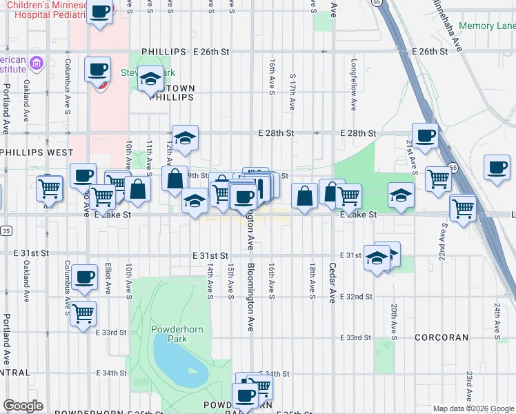 map of restaurants, bars, coffee shops, grocery stores, and more near in Minneapolis