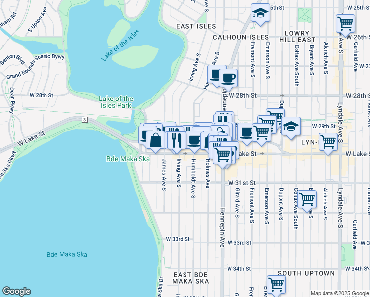 map of restaurants, bars, coffee shops, grocery stores, and more near 1511 Lagoon Avenue in Minneapolis