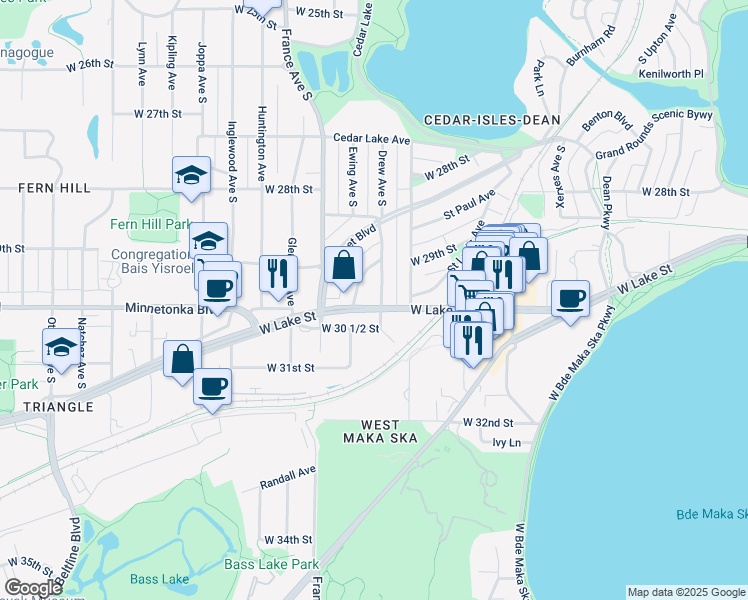map of restaurants, bars, coffee shops, grocery stores, and more near 2923 Ewing Avenue South in Minneapolis