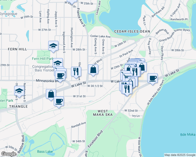 map of restaurants, bars, coffee shops, grocery stores, and more near 2923 Ewing Avenue South in Minneapolis