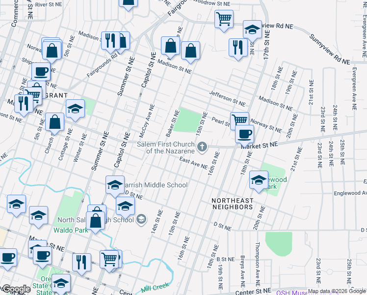map of restaurants, bars, coffee shops, grocery stores, and more near 1295 14th Street Northeast in Salem