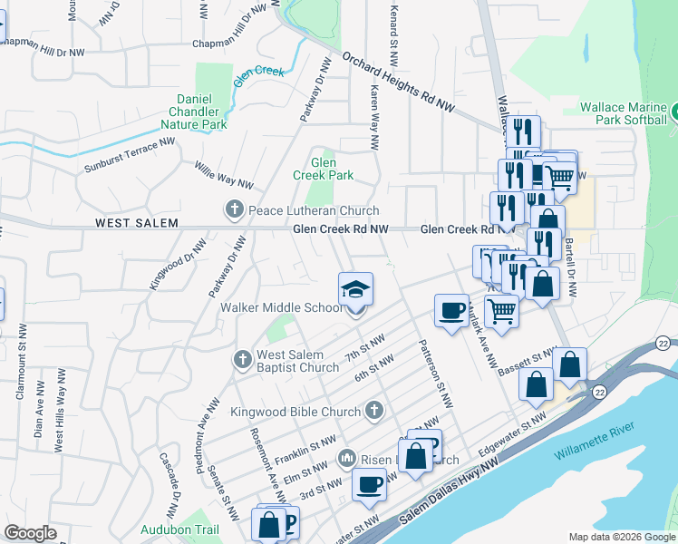 map of restaurants, bars, coffee shops, grocery stores, and more near 1022 Pali Drive Northwest in Salem