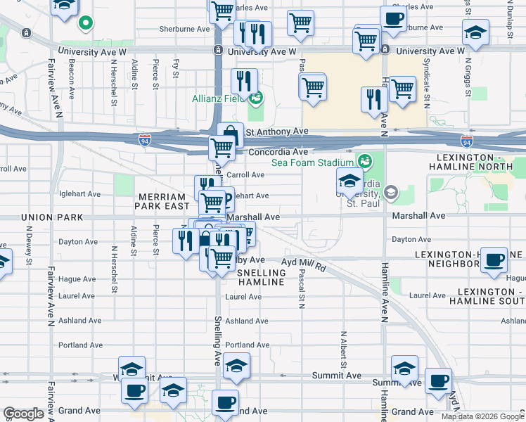 map of restaurants, bars, coffee shops, grocery stores, and more near 1536 Iglehart Avenue in Saint Paul