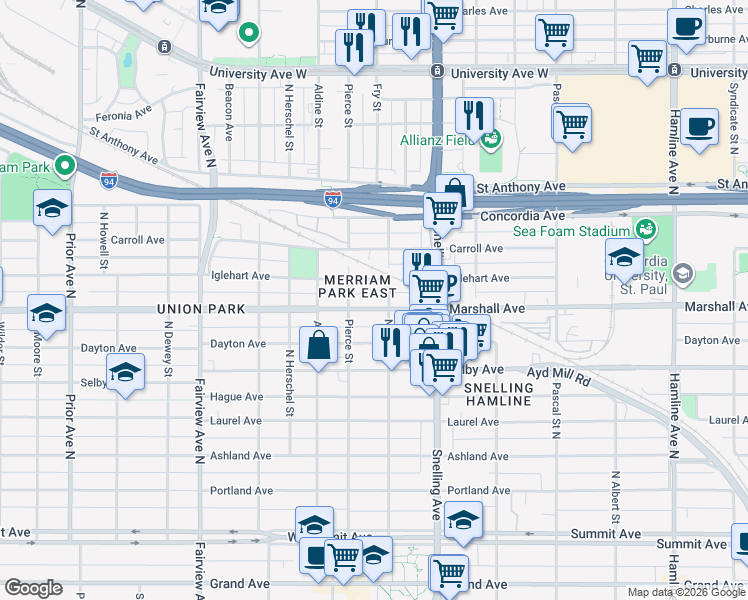 map of restaurants, bars, coffee shops, grocery stores, and more near 259 North Fry Street in Saint Paul