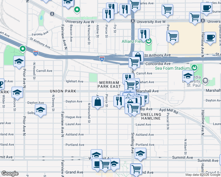 map of restaurants, bars, coffee shops, grocery stores, and more near 259 North Fry Street in Saint Paul