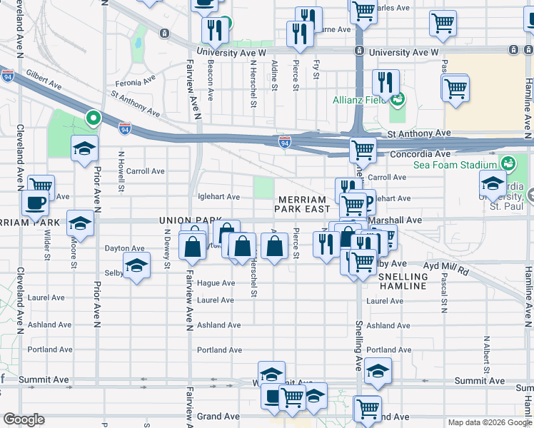 map of restaurants, bars, coffee shops, grocery stores, and more near 1704 Iglehart Avenue in Saint Paul