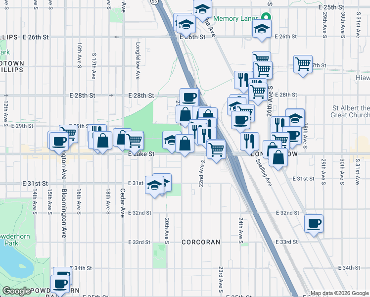 map of restaurants, bars, coffee shops, grocery stores, and more near 2921 21st Avenue South in Minneapolis