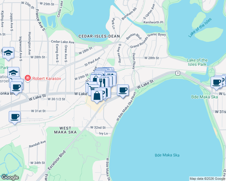 map of restaurants, bars, coffee shops, grocery stores, and more near 3118 West Lake Street in Minneapolis