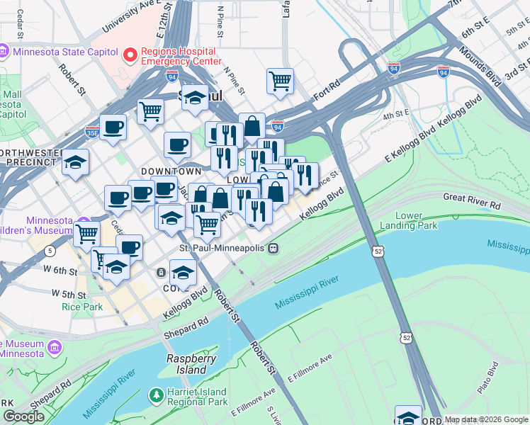 map of restaurants, bars, coffee shops, grocery stores, and more near 244 4th Street East in Saint Paul
