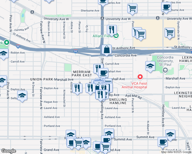map of restaurants, bars, coffee shops, grocery stores, and more near 1605 Marshall Avenue in Saint Paul