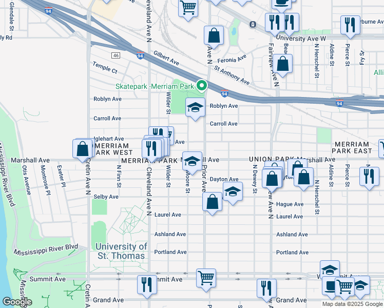map of restaurants, bars, coffee shops, grocery stores, and more near 985 North Moore Street in Saint Paul