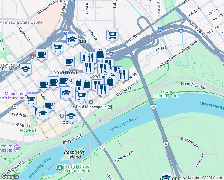 map of restaurants, bars, coffee shops, grocery stores, and more near 244 4th Street East in Saint Paul