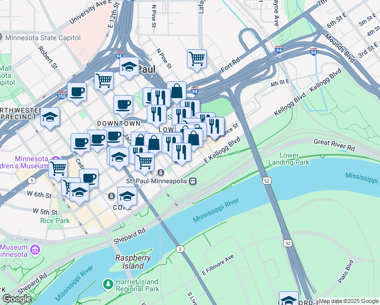 map of restaurants, bars, coffee shops, grocery stores, and more near 244 4th Street East in Saint Paul