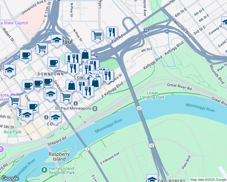 map of restaurants, bars, coffee shops, grocery stores, and more near 390 East Kellogg Boulevard in Saint Paul